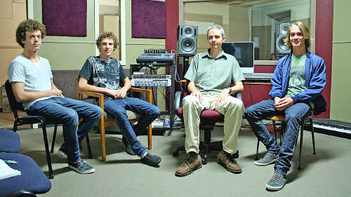 Members of Alice Blu Toby Tunis-Plant, Jo Loewenthal and Shaun Johnston (far right) with teacher Matt Hill (second from right) at the Northern Rivers Conservatorium recording studio. Members of Alice Blu Toby Tunis-Plant, Jo Loewenthal and Shaun Johnston (far right) with teacher Matt Hill (second from right) at the Northern Rivers Conservatorium recording studio.
